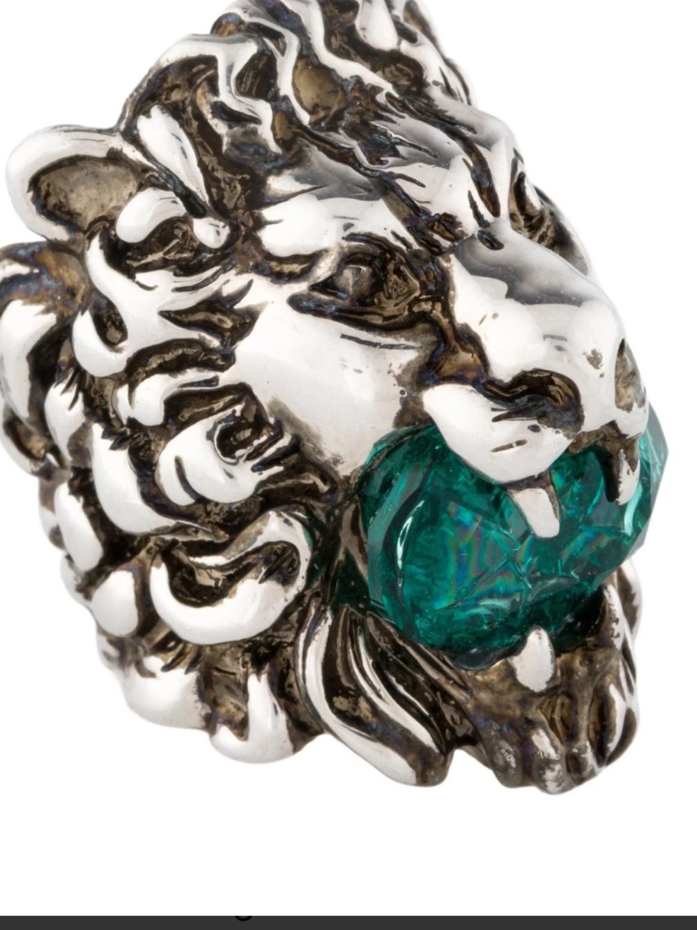 Unisex Gucci Silver Lion Head Ring with Green Crystal in mouth size 4.5